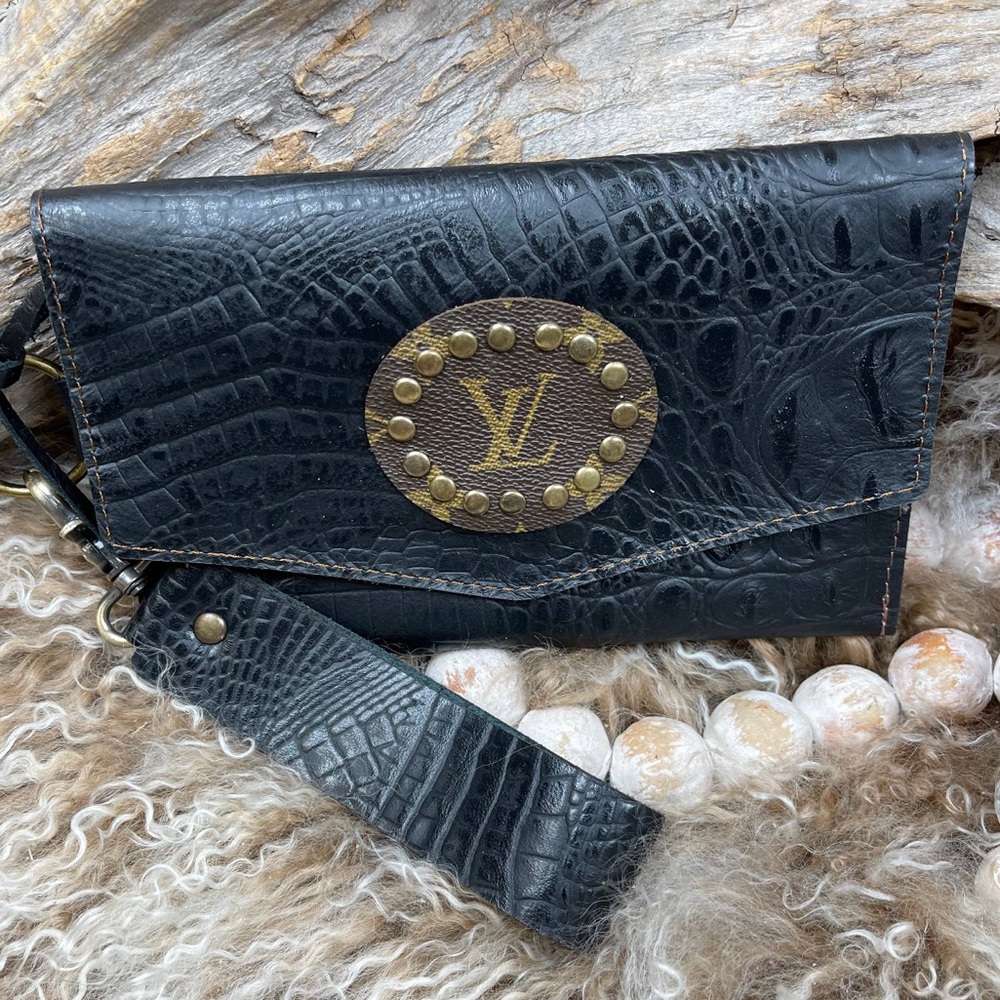 Upcycled Louis Vuitton Croc wristlet clutch